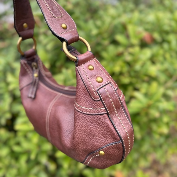 FOSSIL Chocolate Brown Pebbled Leather Mini Hobo Shoulder Bag Boho - Picture 12 of 15
